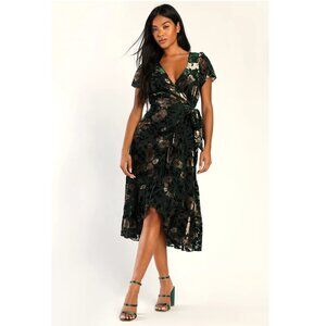 NEW Lulus Chic Status Emerald Green Floral Velvet Burnout Wrap Midi Dress P3762
